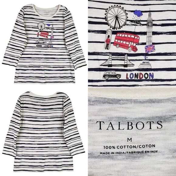 Talbots Tee Shirt Navy Blue Short Sleeve Size Medium Cotton Striped London - Picture 1 of 8